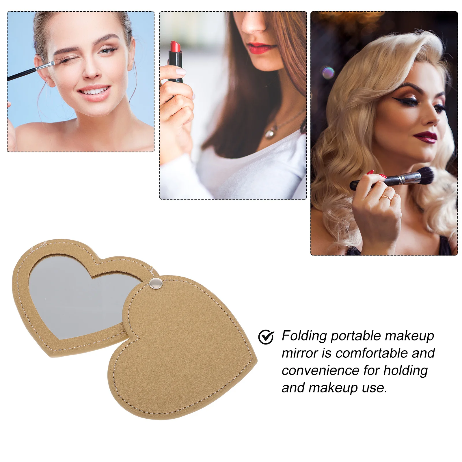 กระจกพกพาขนาดเล็ก รูปหัวใจ พร้อมฝาปิด PU สำหรับแต่งหน้า พกพาสะดวก เหมาะสำหรับการเดินทาง แคมป์ปิ้ง และใช้ในชีวิตประจำวัน