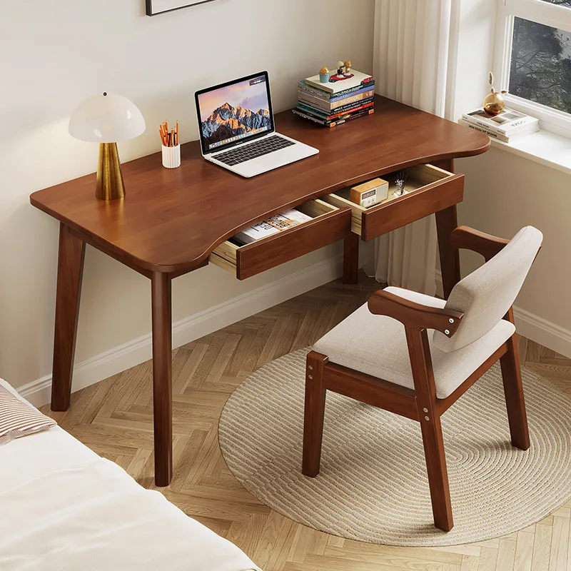 Solid Wood Desk Office Computer Desk Modern Simple Bedroom Student Writing Table Household Curved with Pumping Table