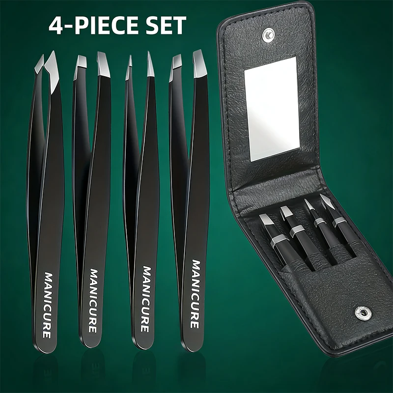 4pcs Stainless Steel Eyebrow Tweezers Set with Double Eyelid Tape & Case Professional Makeup Tools for Eyelash Extension