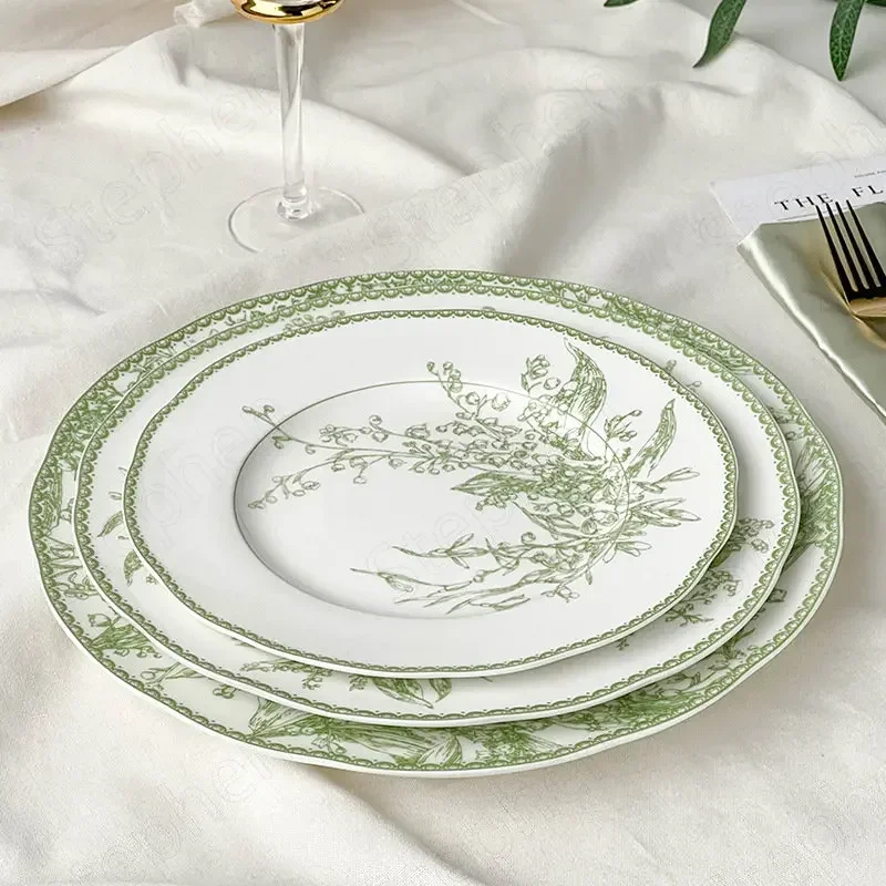 

Emerald Green Lily of The Valley Dinner Plates American Modern Afternoon Tea Cake Dessert Plate Bone Porcelain Steak Pasta Dish