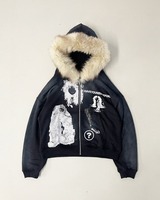 2025 Street fashion Winter new personality print design zipper hoodie for men Y2k Harajuku vintage fur collar warm loose jacket