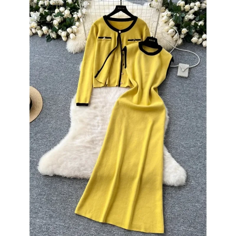 Elegant Two-piece Sets Women Autumn Winter High Quality Women Crewneck Knitted Sweater Cardigan Jacket Sleeveless Vest Dress