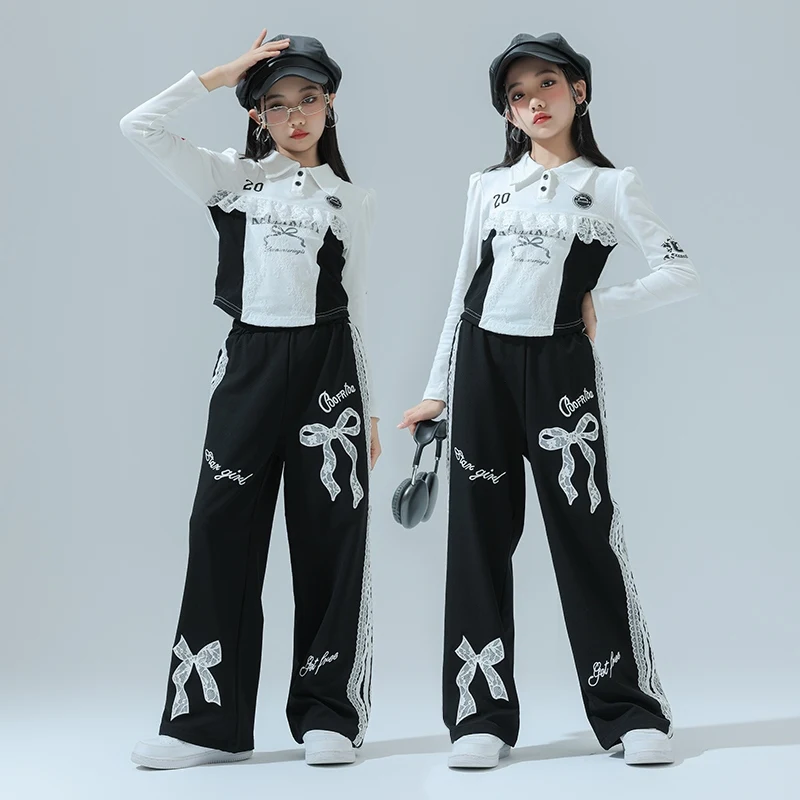 

Girls Children Clothes Jazz Dance Long Sleeved Knotbow Pants Hip-hop Suit Street Dance Clothes Catwalk Show Costumes DQL9875