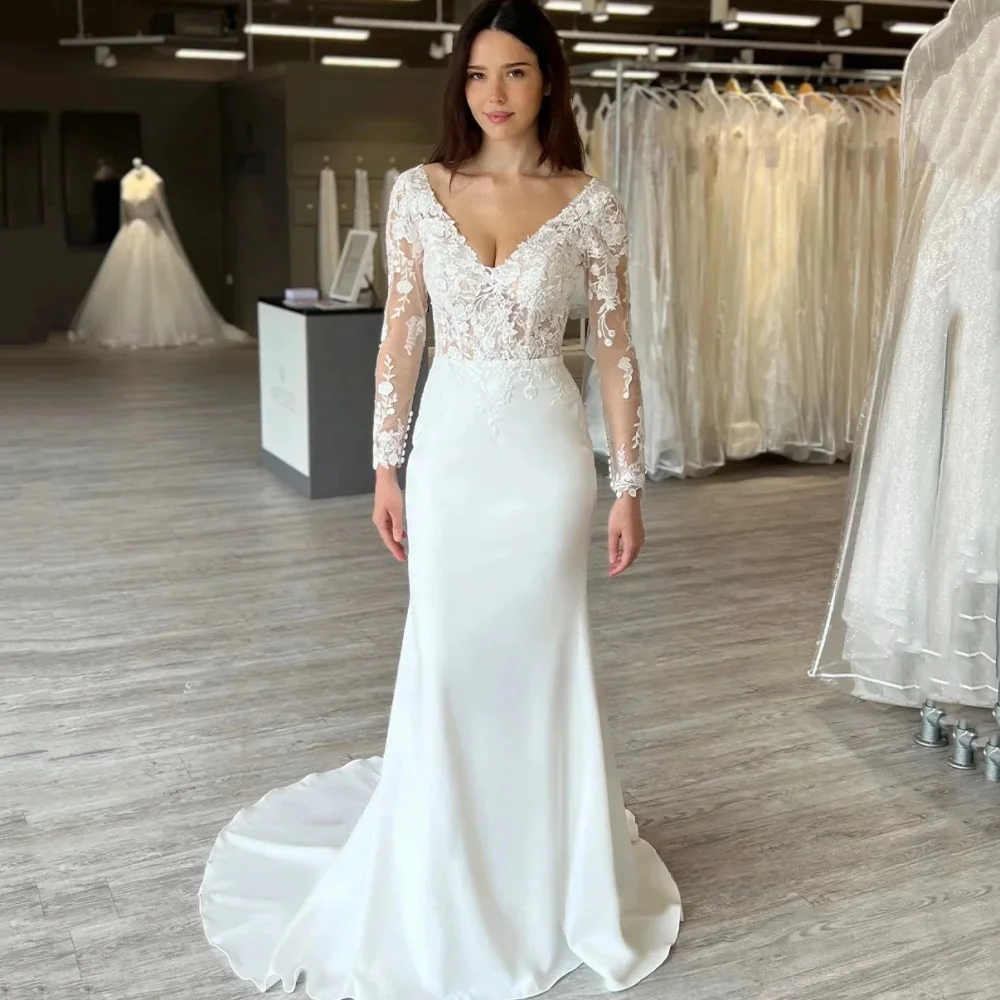 

Elegant V Neck Wedding Dresses Customized Mermaid Button Bride Dress Lace Long Sleeves Bridal Gowns New Vestido De Novia