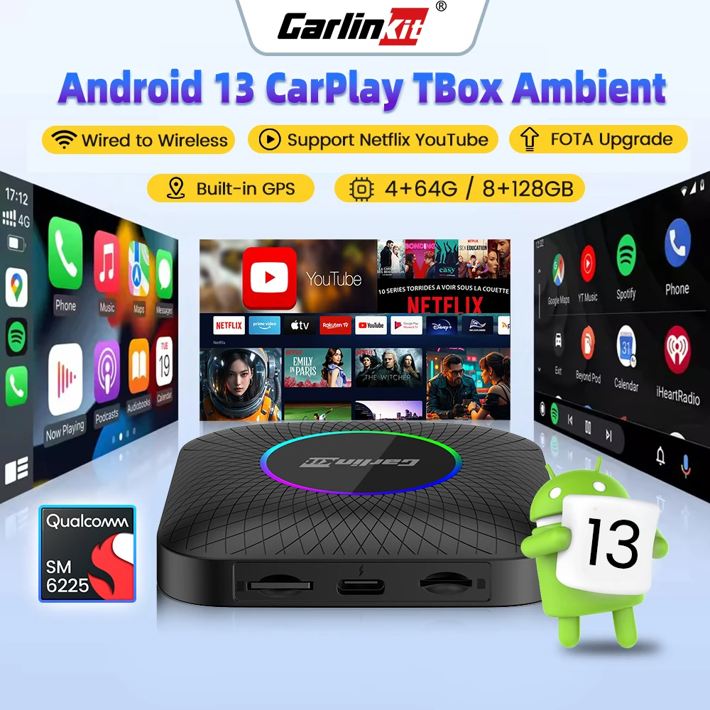 

Carlinkit 128G Android 13 Ai Box Wireless Carplay Android Auto Adapter Qualcomm 6225 8-Core Auto Connect Support Youtube Netflix