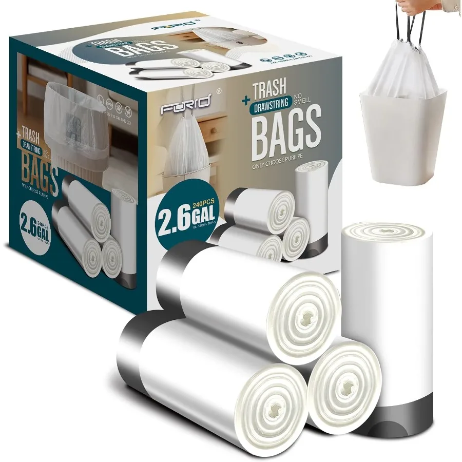 

Small Drawstring Trash Bags for Home and Office Use 2.6 Gallon White Garbage Bags 240 Count Durable and Thick with Secure Draws