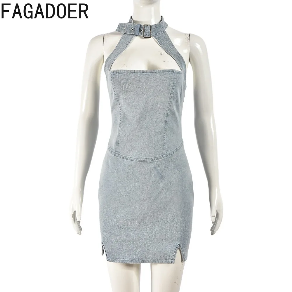 FAGADOER Light Blue Fashion Hollow No Elasticity Bodycon Denim Mini Dresses Women Sleeveless Backless Jean Slim Vestidos 2024