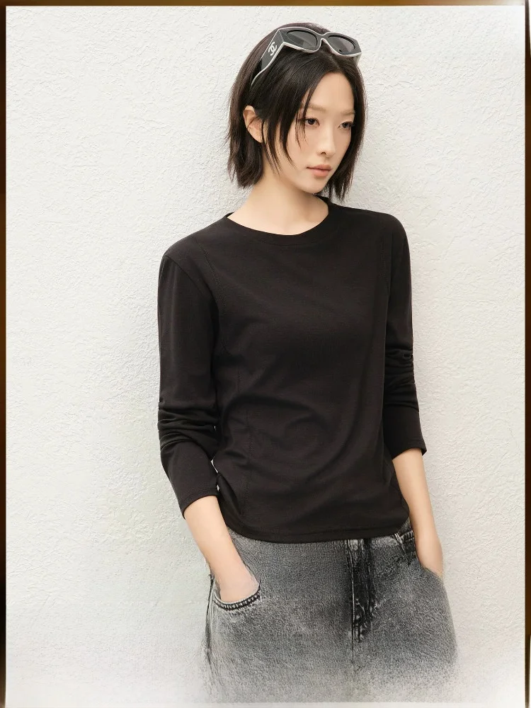 

MeiYang Bamboo Fiber Long Sleeve T-Shirt round Neck Simple Casual Women's Top Comfortable Loose Fit Classic Pattern Spring Wear