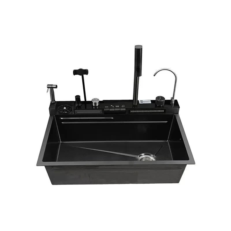 Modern Smart Kitchen Sink  Waterfall Pull-out Swivel Faucet Cup Washer Mobile Phone Holder  Single Bowl
