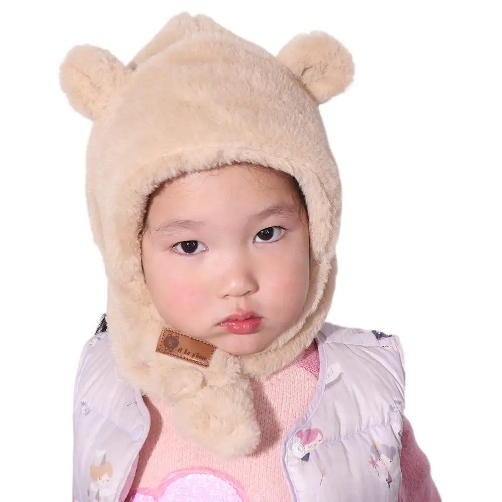 جميل الشتاء الطفل الدب أفخم قبعة فو الفراء يندبروف قطعة واحدة قبعة وشاح في الهواء الطلق لينة الدافئة حماية الأذن القبعات صبي الفتيات #5