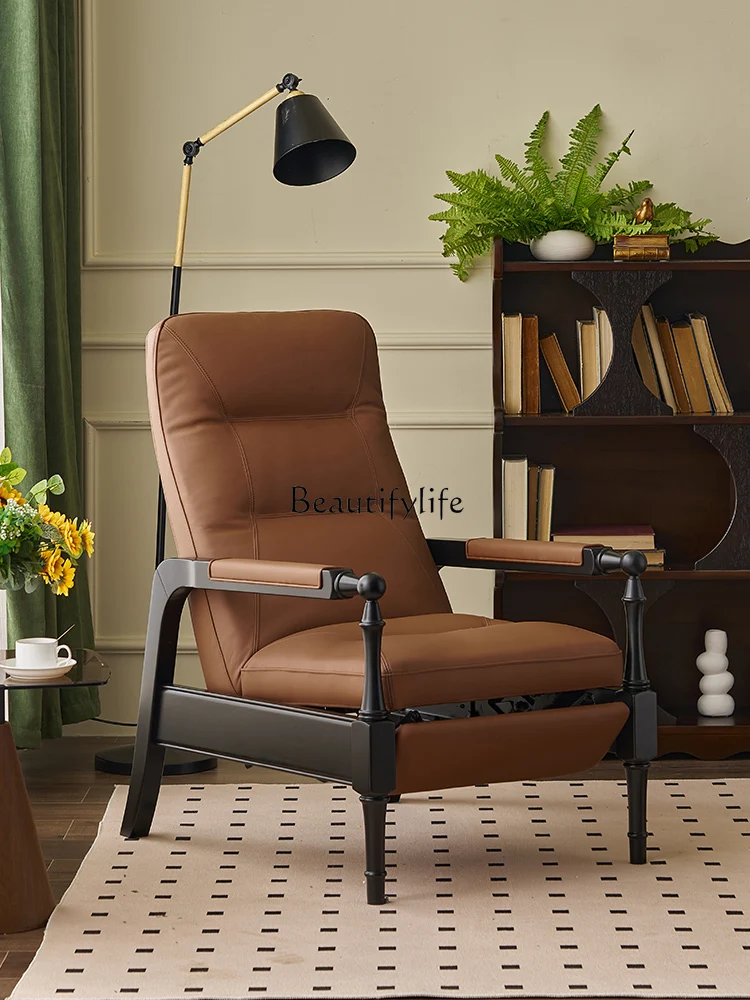 Solid wood office chair multi-functional first layer cowhide recliner folding lunch break