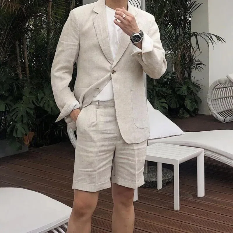 Beige Suits for Men Summer Outfits Shorts with Blazer 2 Piece Single Breasted Notch Lapel Slim Fit Beach Costume Homme Complet