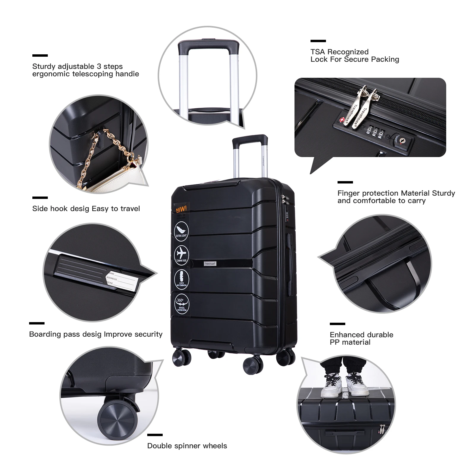 Travelhouse Hardshell Koffer Spinner Wielen Pp Bagage Sets Lichtgewicht Koffer Met Tsa Slot, 3-delige Set (20/24/28)