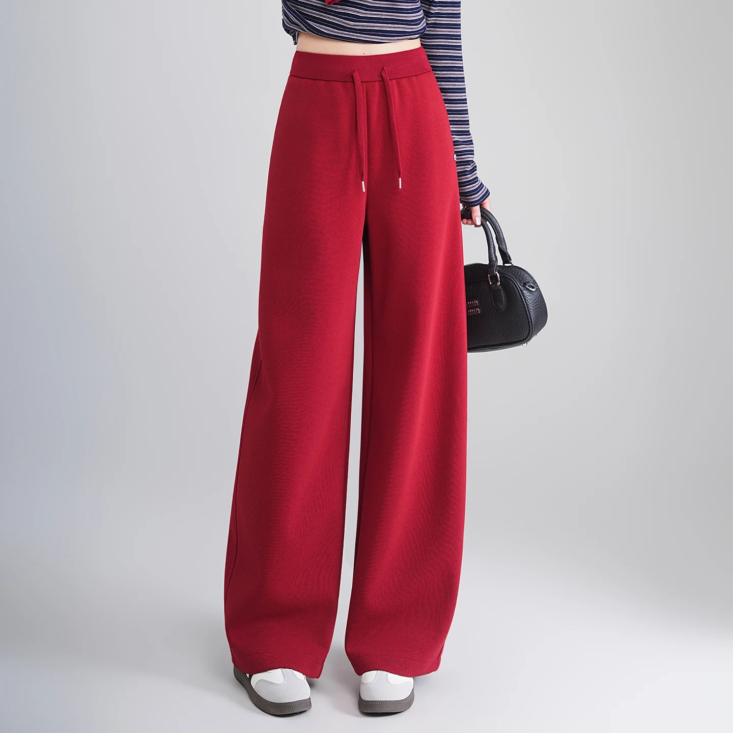 

Red Casual Sports Wide Leg Pants Women's High Waist Slim Straight Cut Trousers Spring New Sle Cotton Blend Comfortable