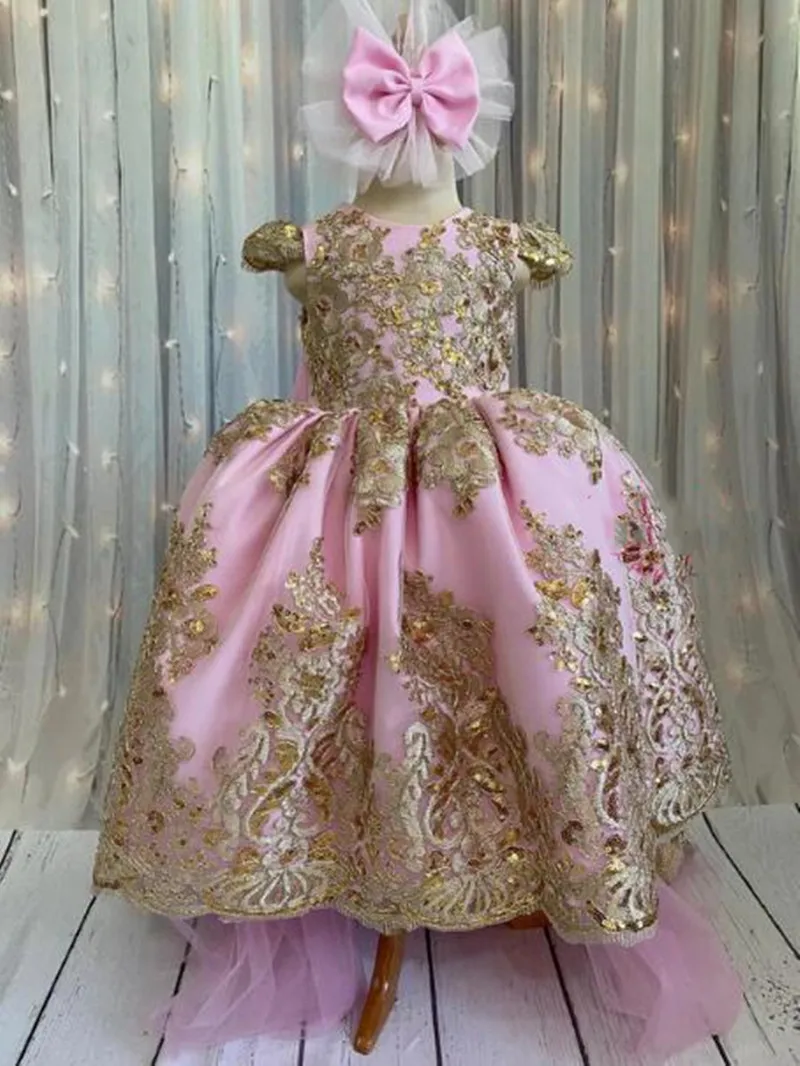 Pink Satin Flower Girl Dress Cap Sleeve Princess Wedding Party Dress First Gown Child Birthday Dress Prom Gown