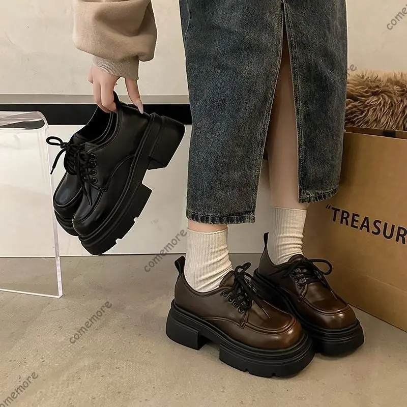 

Comemore, лоферы на толстой подошве, кожаные туфли-лодочки в британском стиле в стиле ретро, женская осенняя элегантная женская обувь на высоком каблуке со шнуровкой