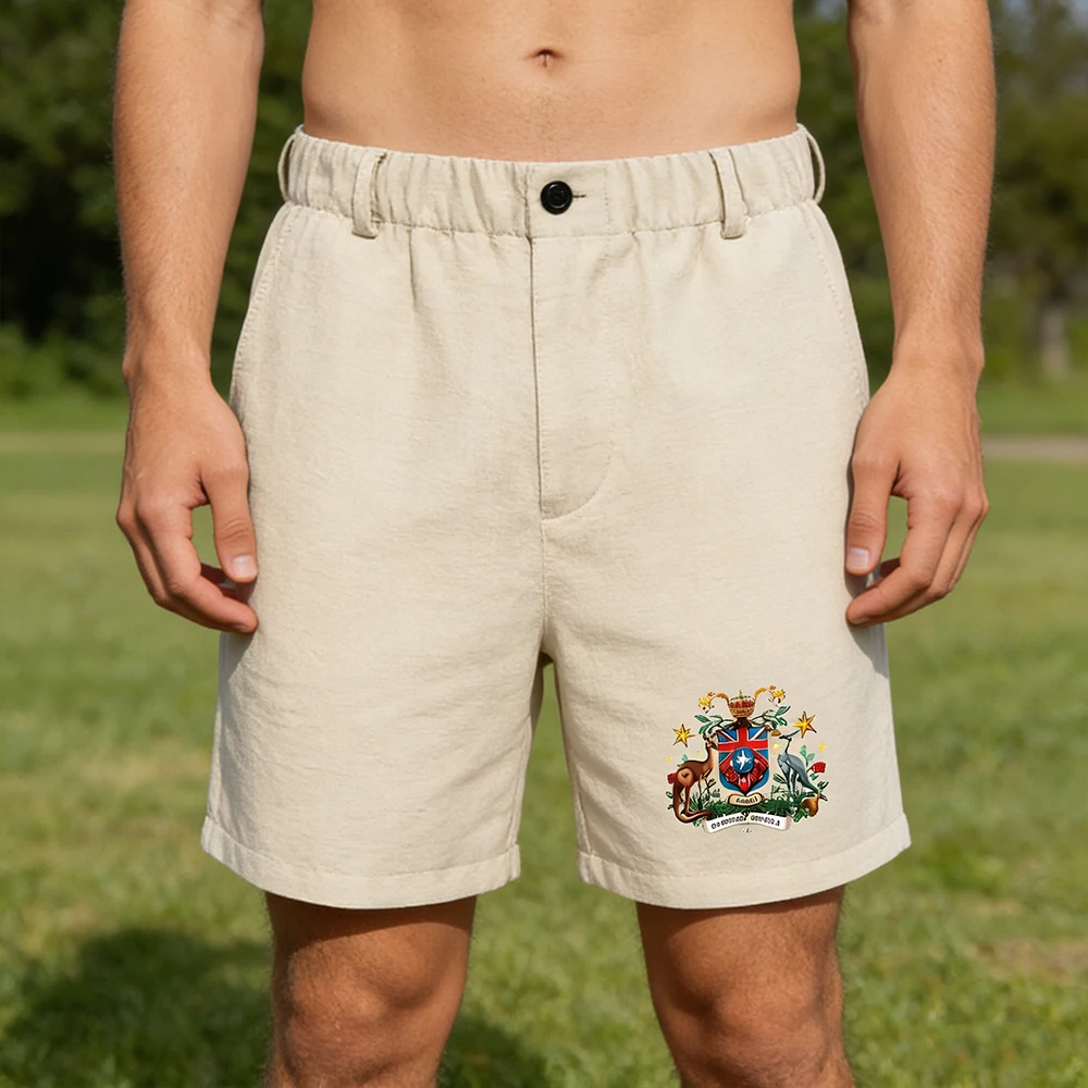 

Men's Casual Faux Linen Fabric Summer Beach Shorts Creative Emblem Graphic Print Board Shorts Stylish Breathable Holiday Wear