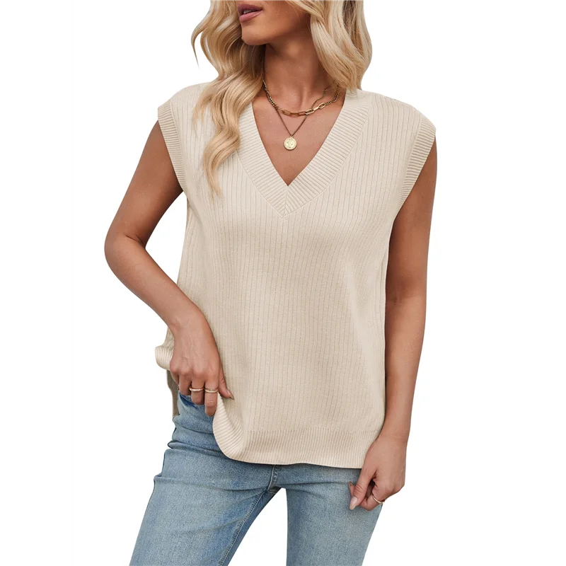 ABGN Suéter feminino com decote em V, colete grande de malha canelada sem mangas casual solto pulôver regata