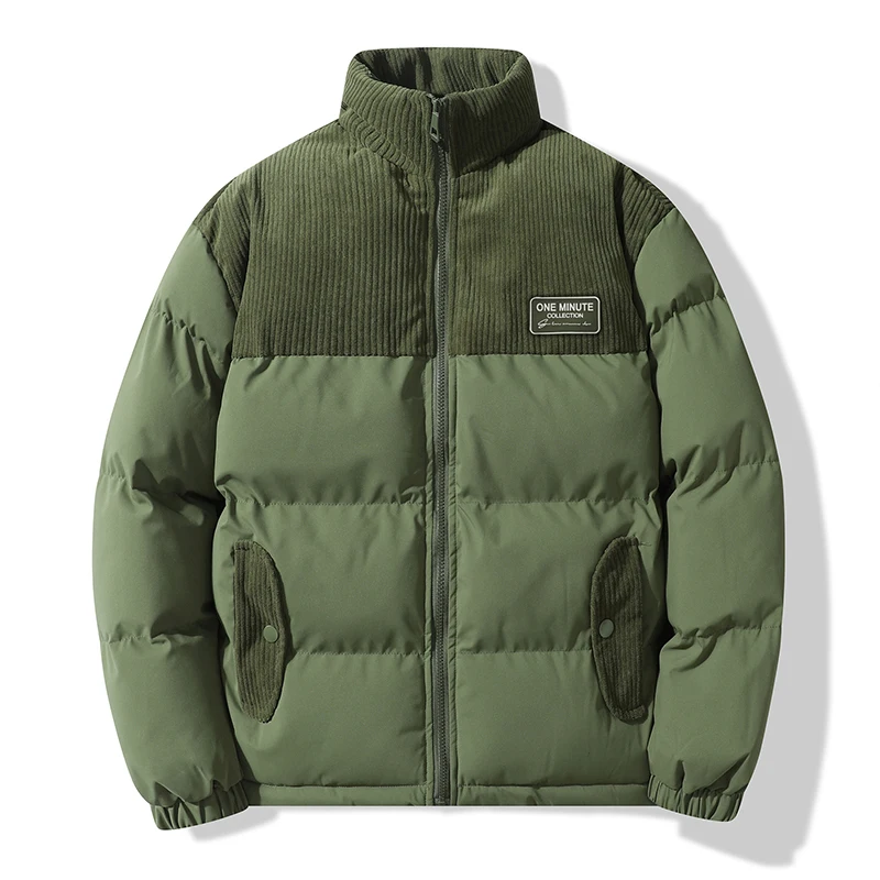 Corduroy Patchwork Embroidered Cotton Padded Jacket Men Winter Thicken Vintage Overcoat Tops Warm Parkas Stand Collar Loose Coat