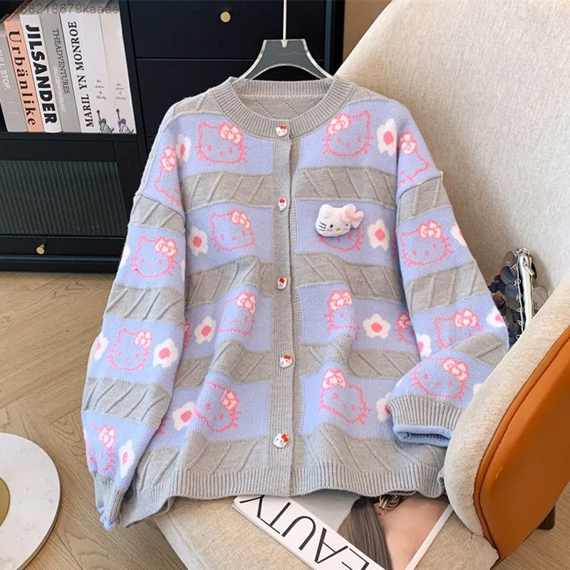 Sanrio Hello Kitty Sweet Cute Cardigan Knitted Sweater For Women Autumn And Winter New Vintage Embroidery Trendy Loose Sweater