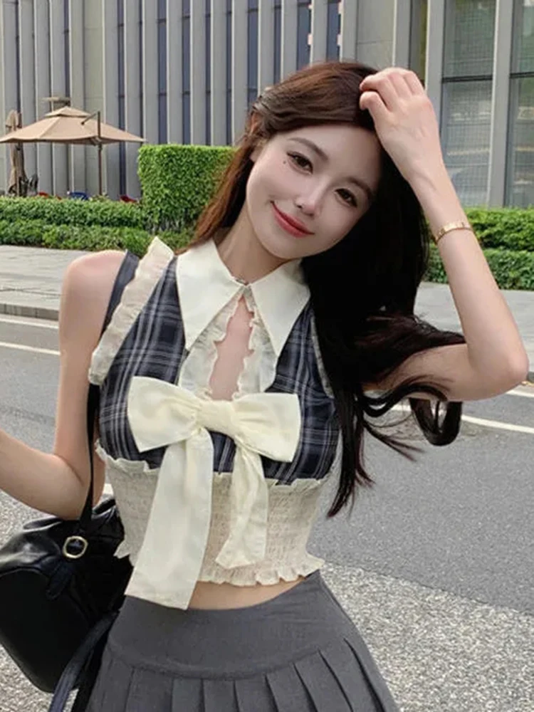 

Y2K Bow Tanks Shirt Women Sexy Hollow Out Ruffles Plaid Blouse Summer Slim Fashion Patchwork Sleeveless Lady Vest Tops