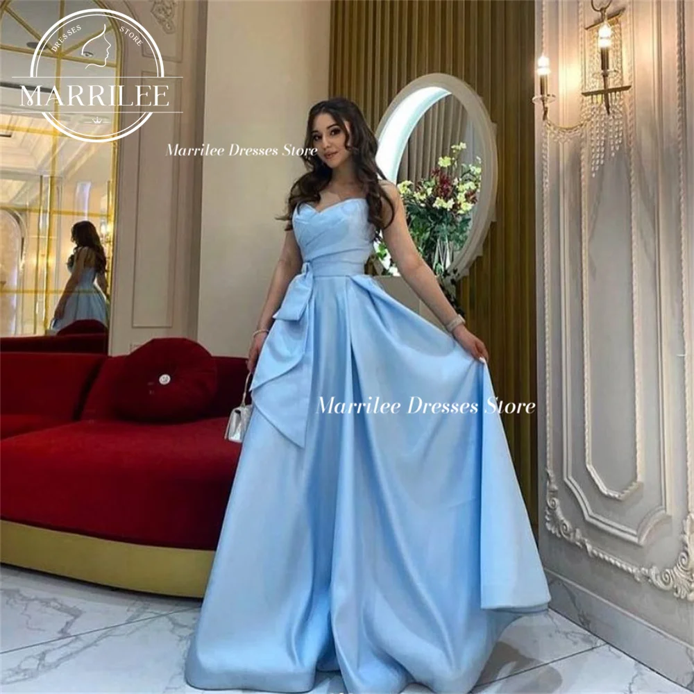 

Marrilee Sky Blue Strapless Sweetheart Stain A-Line Evening Dress Elegant Sleeveless Floor Length Pleats Lace Up Prom Party Gown