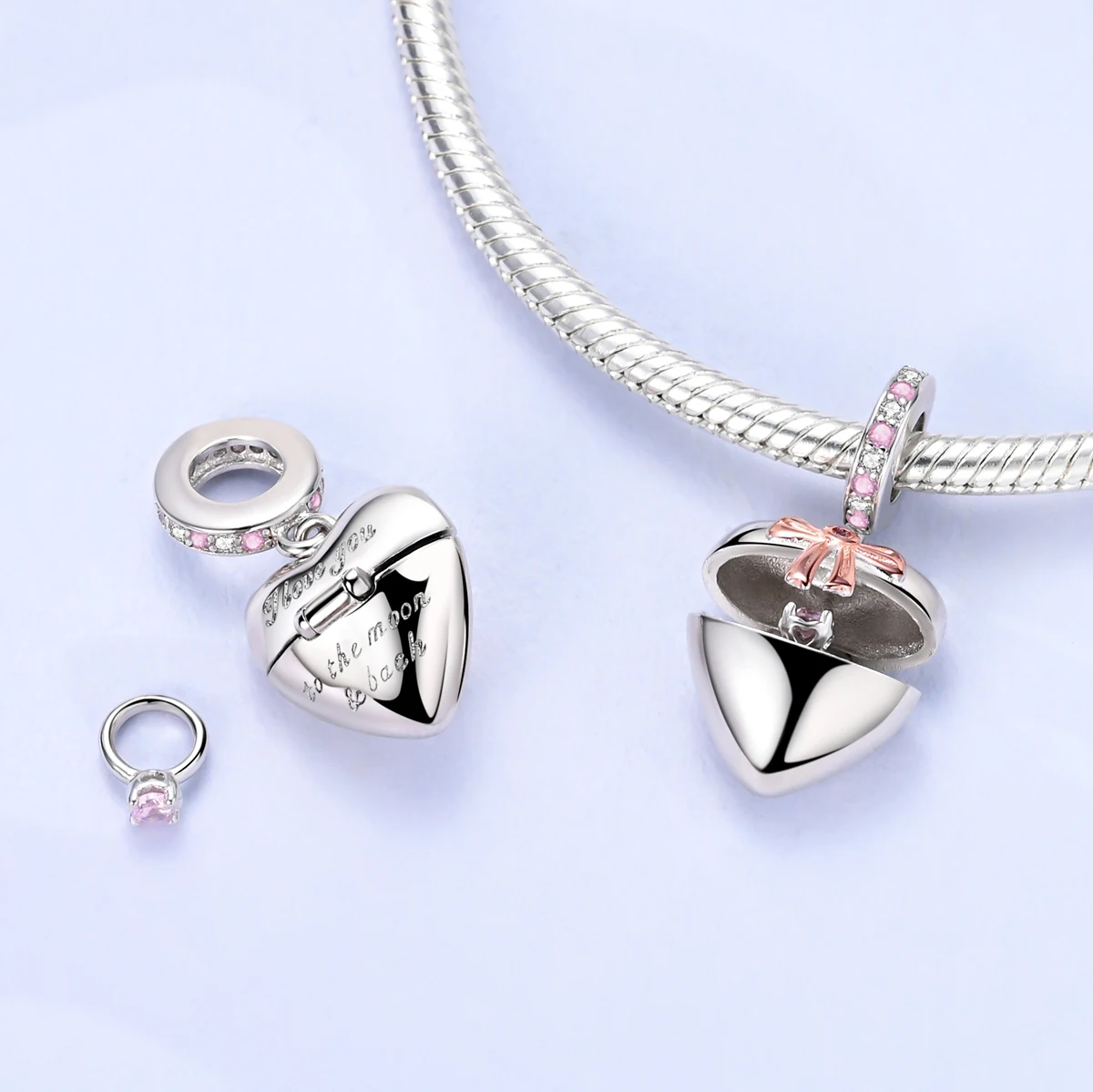 925 Sterling Silver Two-tone Heart Bow Locket Charms Pink CZ Dangle Beads Fit Bracelets Necklace Women Jewelry Gift