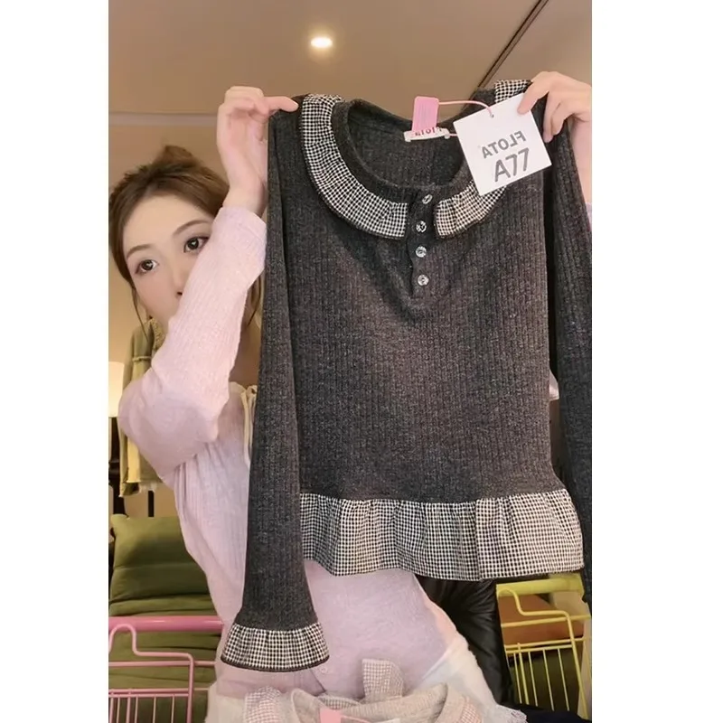 

Корейская модная клетчатая футболка с длинными рукавами и пуговицами, женская новинка весны и осени 2025 года, повседневные топы в клетку