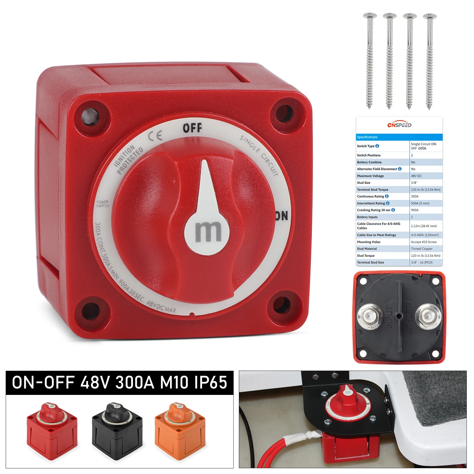 

CNSPEED 6006 M-Series Isolator On/Off 2 Position Battery Disconnect Rotary Switch For Marine RV Truck Camper Car 300Amp 12V-48V
