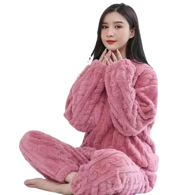 Fleece Women Pajamas Set Winter Sleepwear Solid Velvet 2 Piece Pant Home Suit Fluffy Casual Piiama Warm O-neck Night Wear