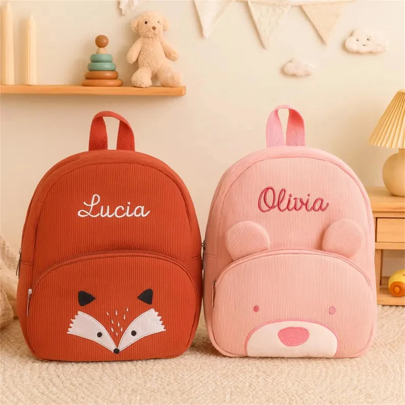 Personalisierter Kinderrucksack mit Namensstickerei, Pastellfarbener Cord-Kleinkindrucksack, Weicher Gerippter Stoff, Schulrucksack, Süßes Kindergarten-Geschenk – Detail 6