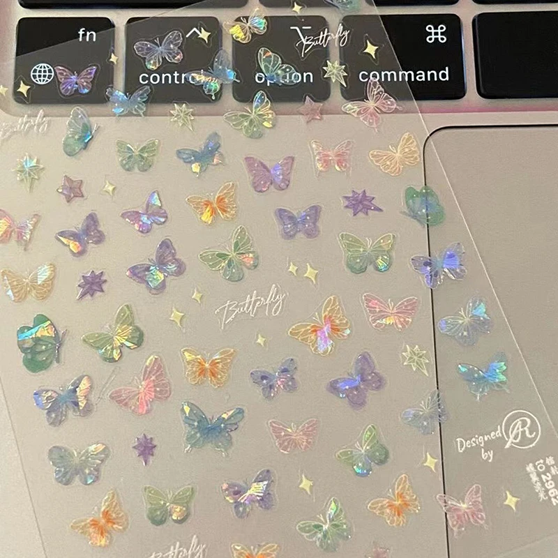 Pegatinas de mariposa con purpurina 5D para uñas, 1 piezas, Kawaii, Aurora, dijes para decoración de uñas, calcomanías, parche adhesivo para manicura DIY