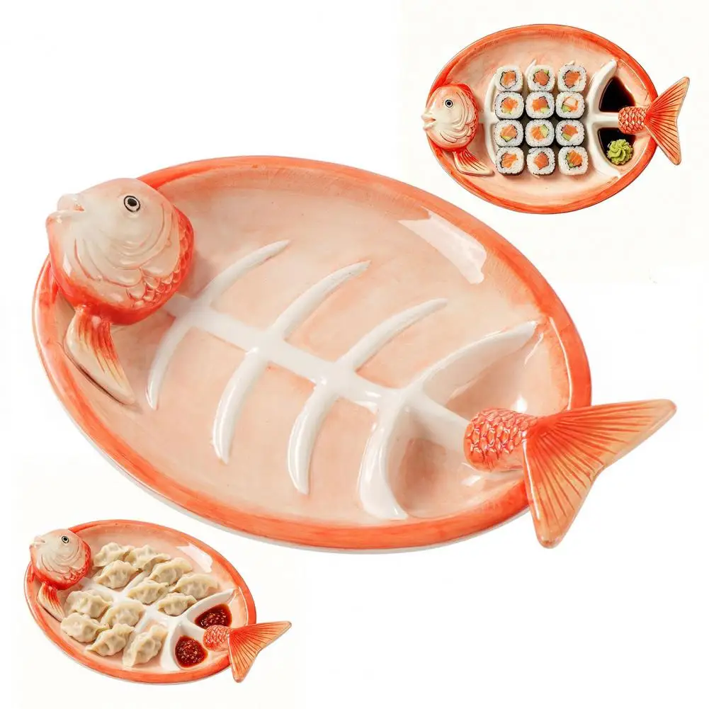Sushi Plate Non-mixing Sauce Dish Fish Shaped Ceramic Dumpling Plate with Sauce Grooves Sushi Serving Tray for Appetizers