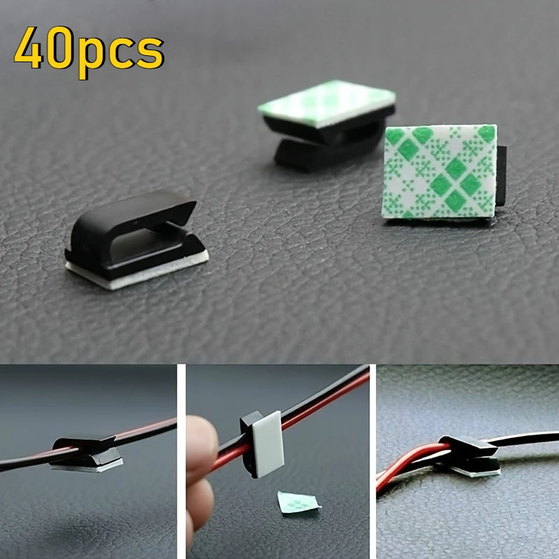 40pcs self-adhesive car clips, plastic cable ties for GPS, data and lighting line management, vehicle interior accessories