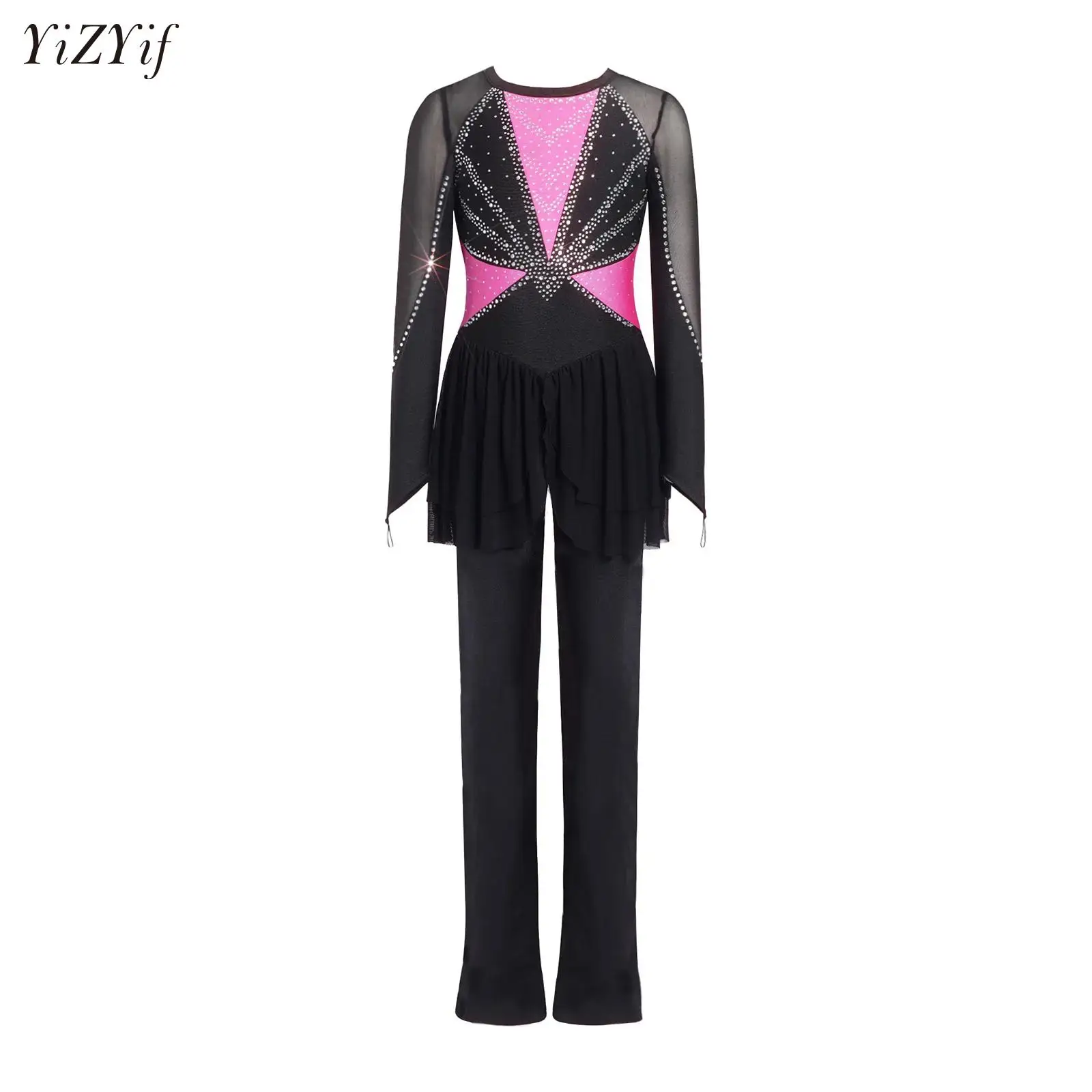 

Gymnastics Ballet Dance Leotard Girls Rhinestones Skirted Jumpsuit Dancewear One-piece Figure Skating Modern Contemporary Wear
