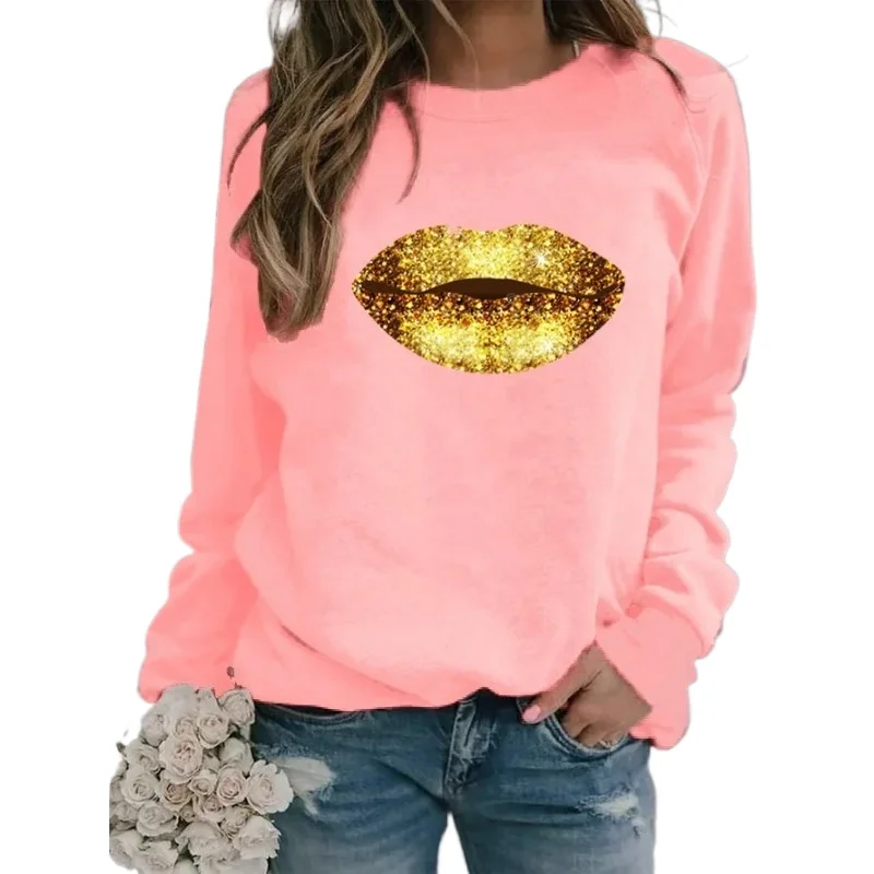 New Gold Lip Pattern Printed Women\'s Fleece Long-sleeved Loose Neck Sports Casual Round Neck Hoodie Sweatshirt Clothes