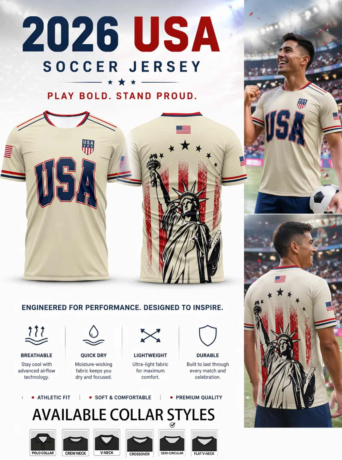 Vintage cream‑toned USA soccer jersey printed with the Statue of Liberty and trimmed contrast cuffs for retro American charm