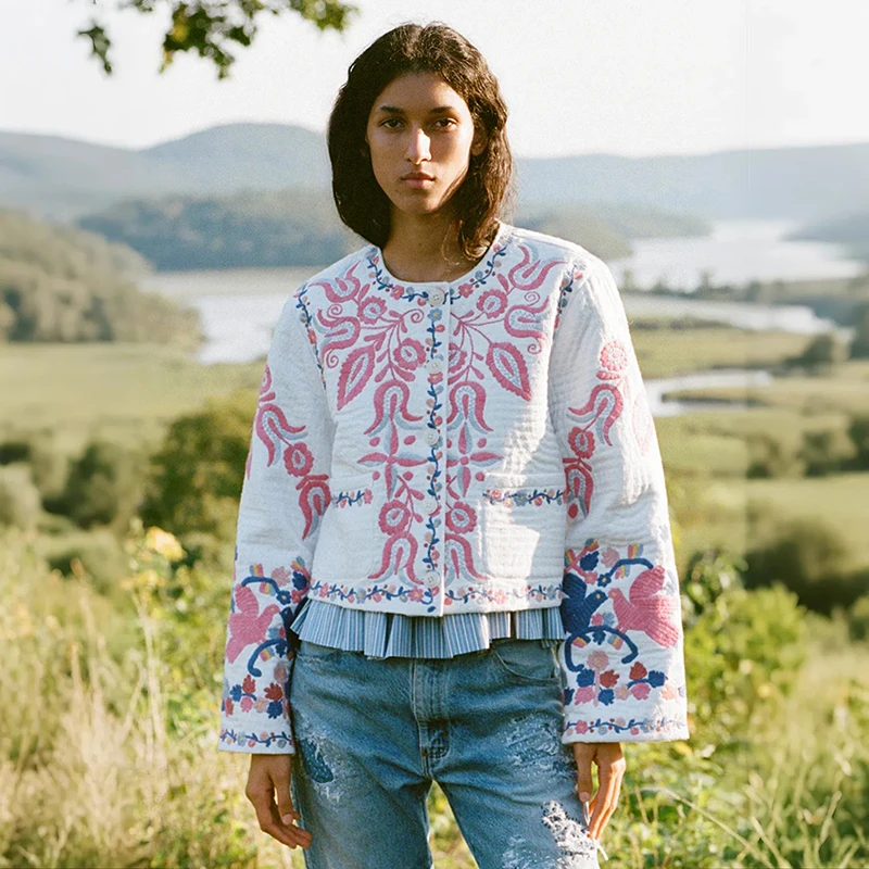 

Ретро Sle, оверсайз, круглая стеганая футболка Ne ort Jaet с цветочной вышивкой и птицей, хлопковое женское пальто с объемным узором