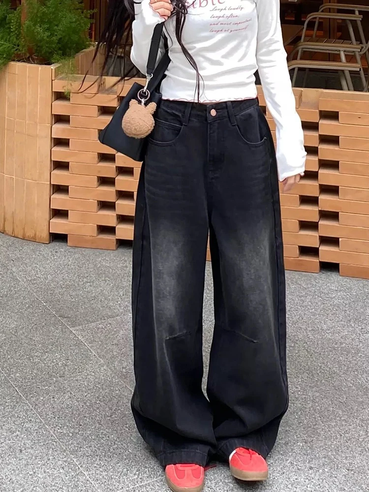 

Джинсы Y2K черно-серые женские, широкие, в американском ретро-стиле, с высокой талией, свободные, универсальные, прямые, в пол