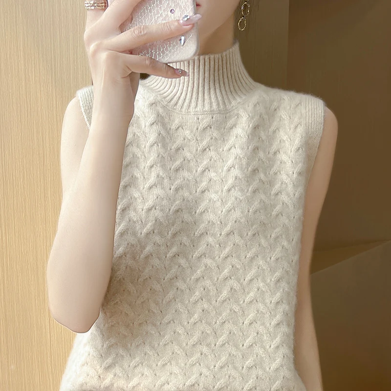 Autunno Inverno Nuovo Dolcevita Gilet Maglione di Cachemire 100% Lana Merino Pullover Senza Maniche di Base di Colore Solido Abbigliamento Casual Top