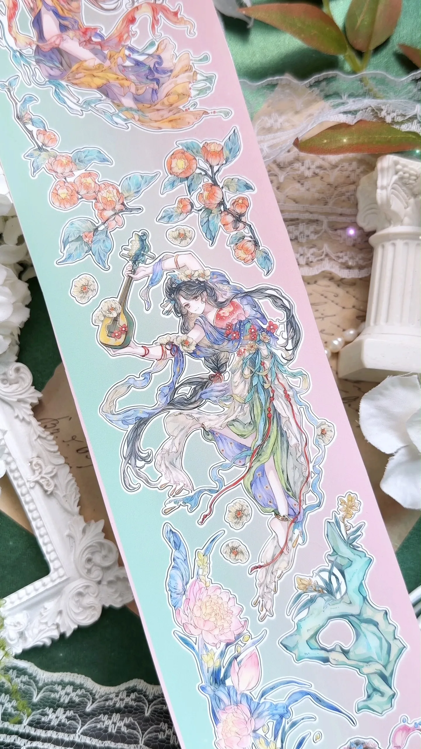 Yan Lan Xiao Se Figure Chinese Style Shell Glitter PET Tape, Pre-cut Bobo Fish Sticker for Journal Scrapbooking DIY Decor