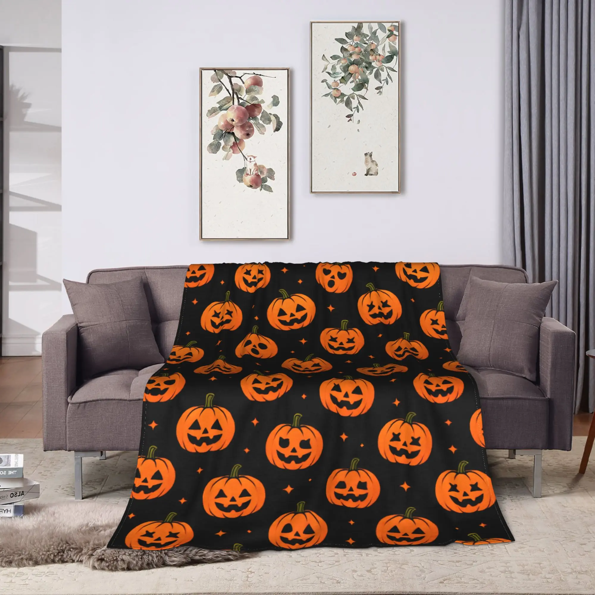 Halloween Different Face Pumpkin Seamless Pattern Black Background Soft Blanket Novelty Travel Throw Blanket Bedspread Bed Cover