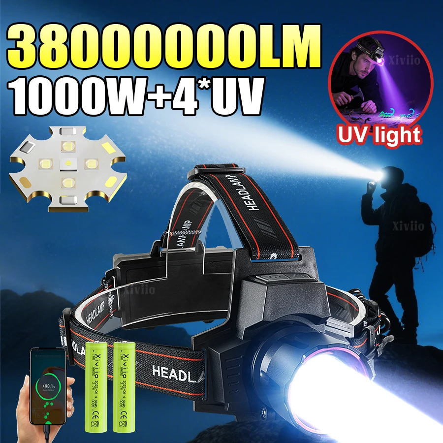 38000000LM Most Powerful Led Headlamp 18650 Rechargeable Headlight Strong Light Head Torch UV Headlight Camping Hunting Headlamp