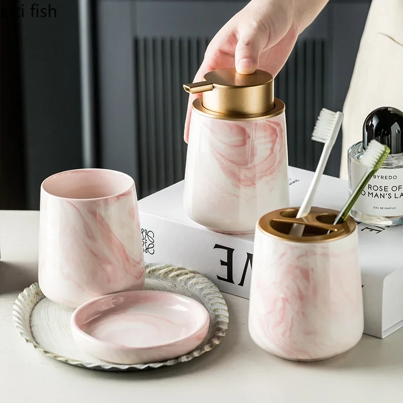 

Керамический мраморный узор для ванной комнаты, набор из 4 предметов, туалетные принадлежности, бутылка для лосьона, бутылка для мыла, чашка для полоскания рта, наборы для мытья посуды