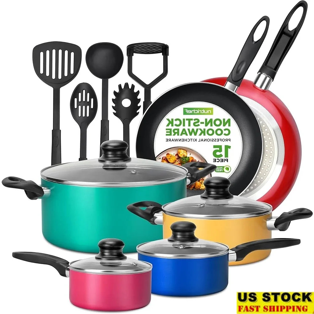 

15 Piece Non Stick Cookware Set Heat Resistant Pots Pans Glass Lids Kitchen Utensils Induction Compatible PFOA Free Nonstick