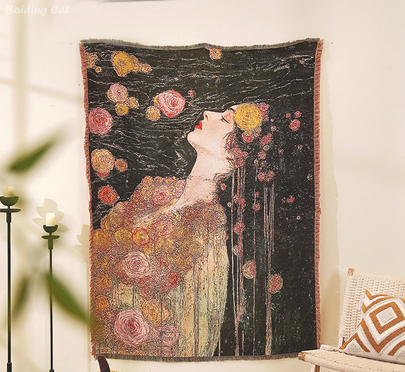 

High Quality Art Throw Blanket Klimt Style Woman Portrait Rose Flower Woven Tapestry Wall Hanging Sofa Blanket Home Decor Gifts