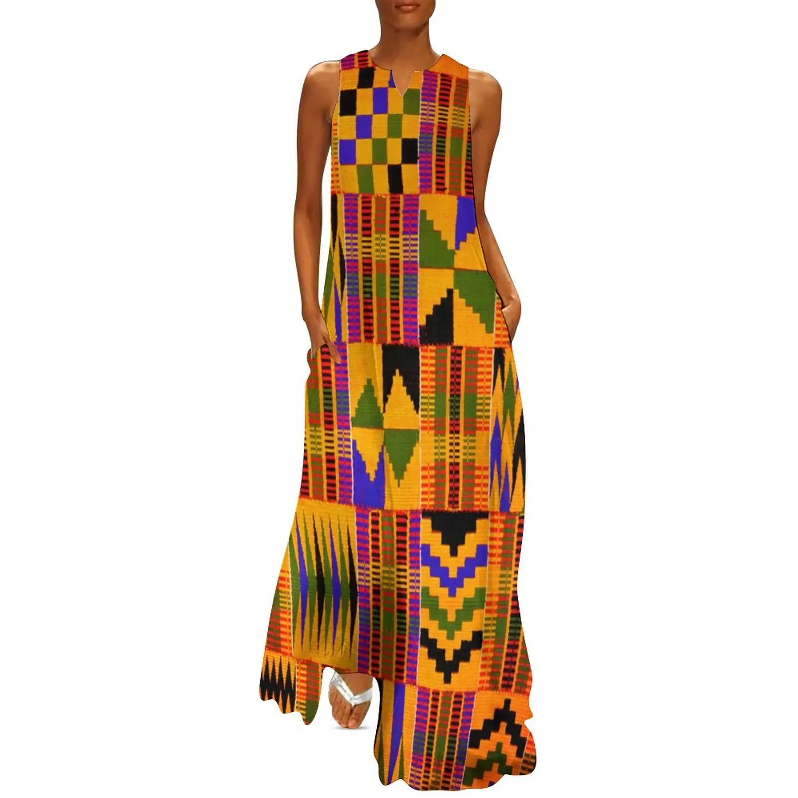 Kente Tribal African Dress Summer Retro Print Streetwear Casual Long Dresses Women Vintage Maxi Dress Gift Idea