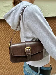 Vintage Brown Pu Shoulder Bag Four Season High-Quality Buckle Decorate Ladies Handbag Streetwear American Preppy Style Bags Y2K