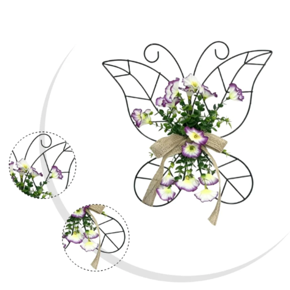 

Plastic Morning Glory Flower Door Hanger with Iron Frame Butterfly Design Linen Bow for Home Garden Interior Exterior Use