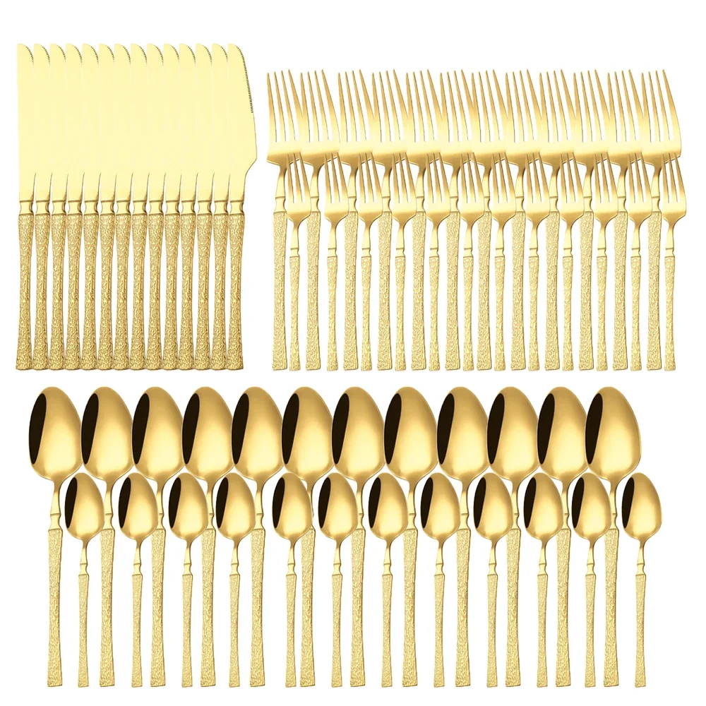 

40/60pcs Stainless Steel Cutlery Set Tableware Hammer Pattern Handle Dinnerware Knife Fork Coffee Spoon Flatware Dishwasher Safe